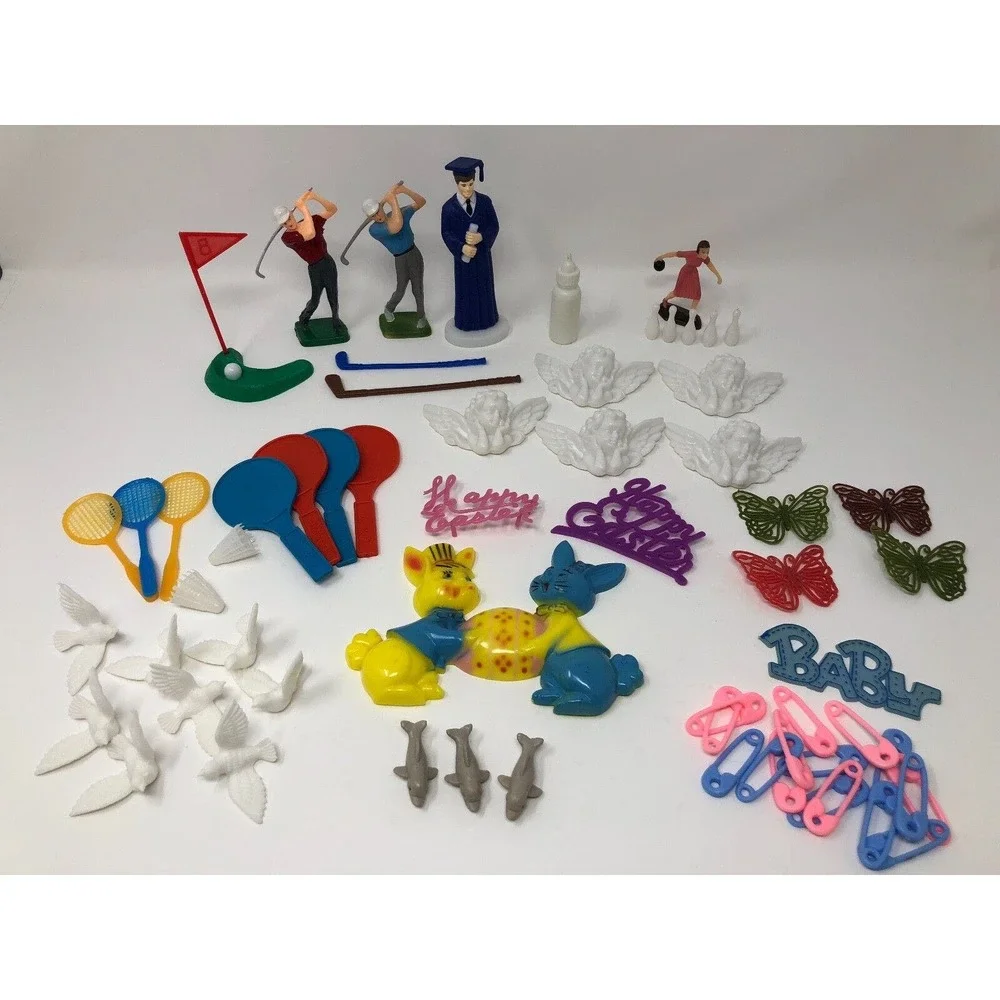 Lot of Vintage Cake Decorating Items Plastic Grad Baby Golf Bowling Easter Birds